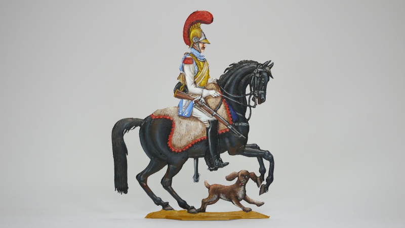 Französischer Carabinier zu Pferd, beidseitig graviert,100mm Figur, Gesamthöhe= 125 mm