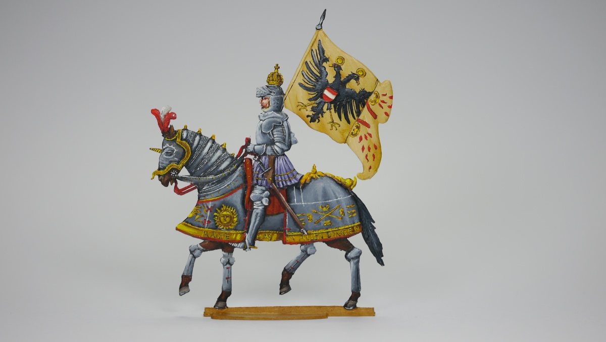 Kaiser Maximilian, Vitrinenfigur, 54mm Reitergröße, Gesamthöhe 80mm, Flachfigur, beidseitig graviert