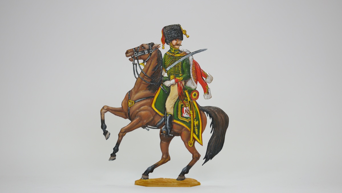 Französischer Jäger zu Pferd, beidseitig graviert,100mm Figur, Gesamthöhe=125mm