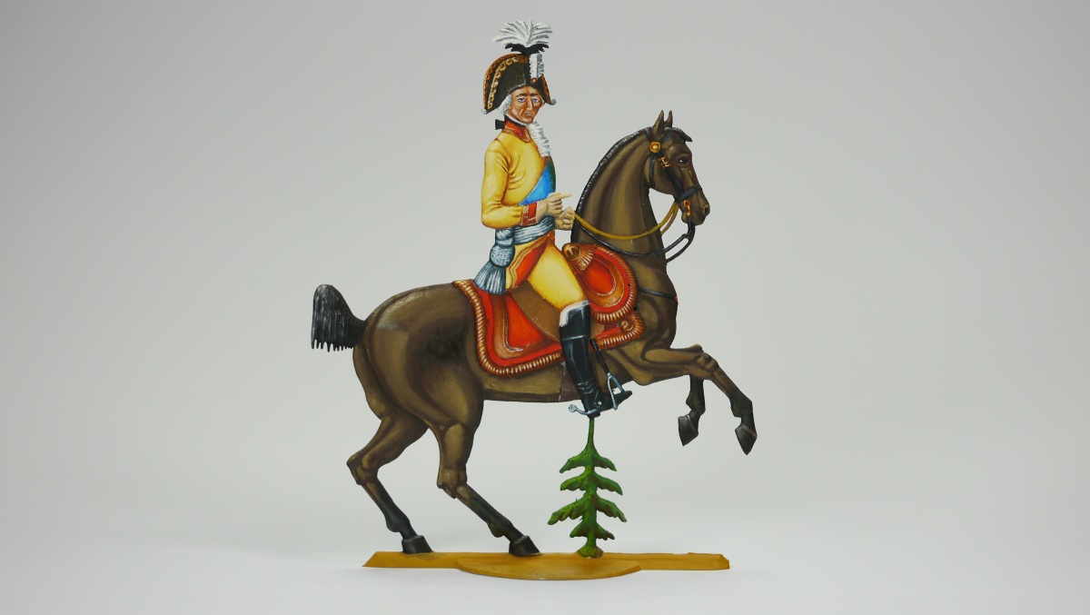 Kurfürst Friedrich August III. zu Pferde in der Uniform seines Kürassierregiments, beidseitig graviert, Gesamthöhe= 115mm