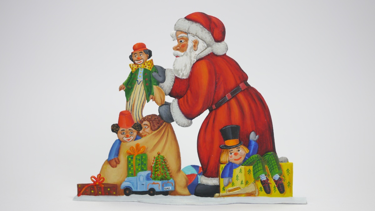 Weihnachtsmann mit Sack und Clowns (groß), beidseitig graviert, Höhe x Breite = 100 x 110 mm
